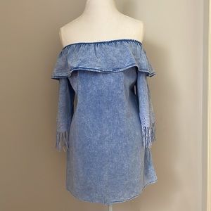 Glocam Short Sleeve Women Off Shoulder Blue Mini Dress, Medium